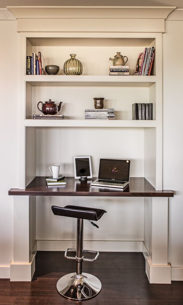 Melamine Desk Top   Transitional Home Office  and Bookcase Built in Desk Built in Shelves Desk Neutral Colors Open Shelves Shelving Stool Wood Floors Work Area