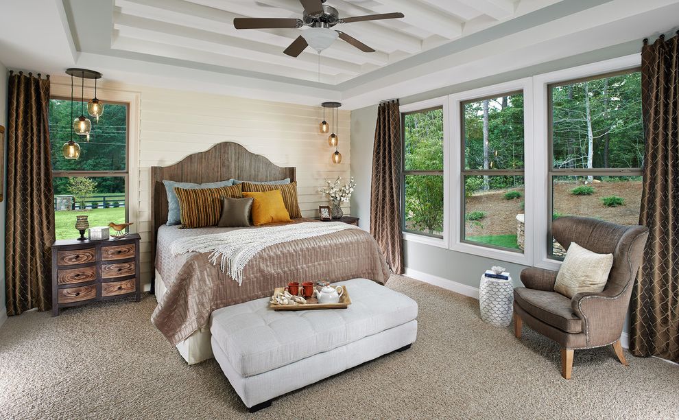 Meritage Homes Charlotte Nc with Traditional Bedroom Also Beams Bedding Beige Paneling Carpet Ceiling Fan Curtain Garden Stool Neutral Colors Nightstand Ottoman Pendant Lighting Throw Windows Wing Chair Wood Headboard