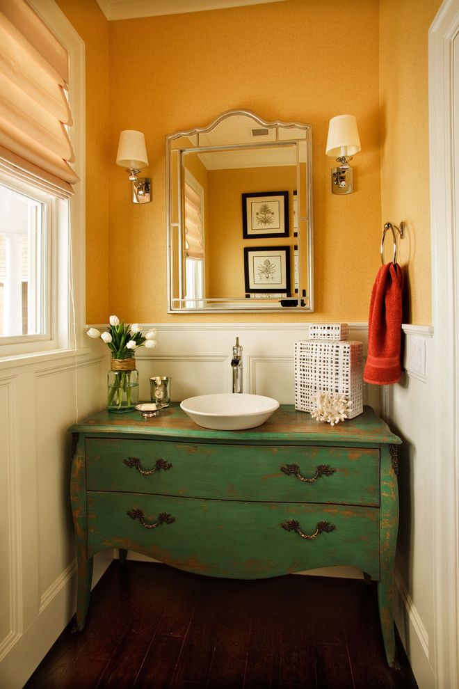 Mirror Dressor   Traditional Powder Room  and Bathroom Mirror Chest Converted to Sink Vanity Distressed Finish Rustic Sconce Small Bathroom Vessel Sink Wainscoting Wall Lighting White Wood Wood Molding Wood Trim Yellow Walls