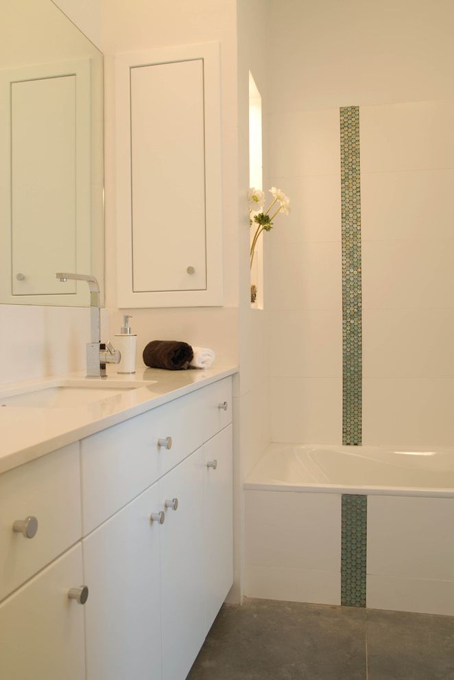 Mosaic at Largo   Modern Bathroom  and Accent Color Alcove Bathroom Hardware Built in Shelves Medicine Cabinets Minimal Modern Fixtures Mosaic Tiles Nook White Bathroom White Cabinets