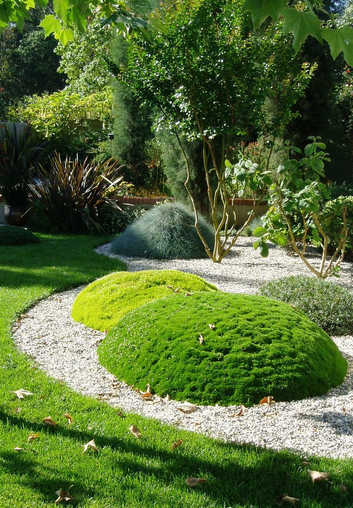 Moss and Associates with Eclectic Landscape Also Backyard Landscaping Contemporary Landscaping Flower Bed Garden Gravel Green Plants Sculptural Shrubs Soft Trees