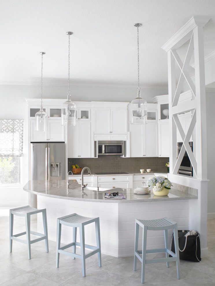 Nassau to Harbour Island   Transitional Kitchen  and Blue Accents Blue Bar Stool Counter Stools Curved Counter Curved Island Glass Pendant Lighting Gray Wall Grey Wall Light Blue Pendant Lighting White Kitchen White Kitchen Cabinets White Trim Window