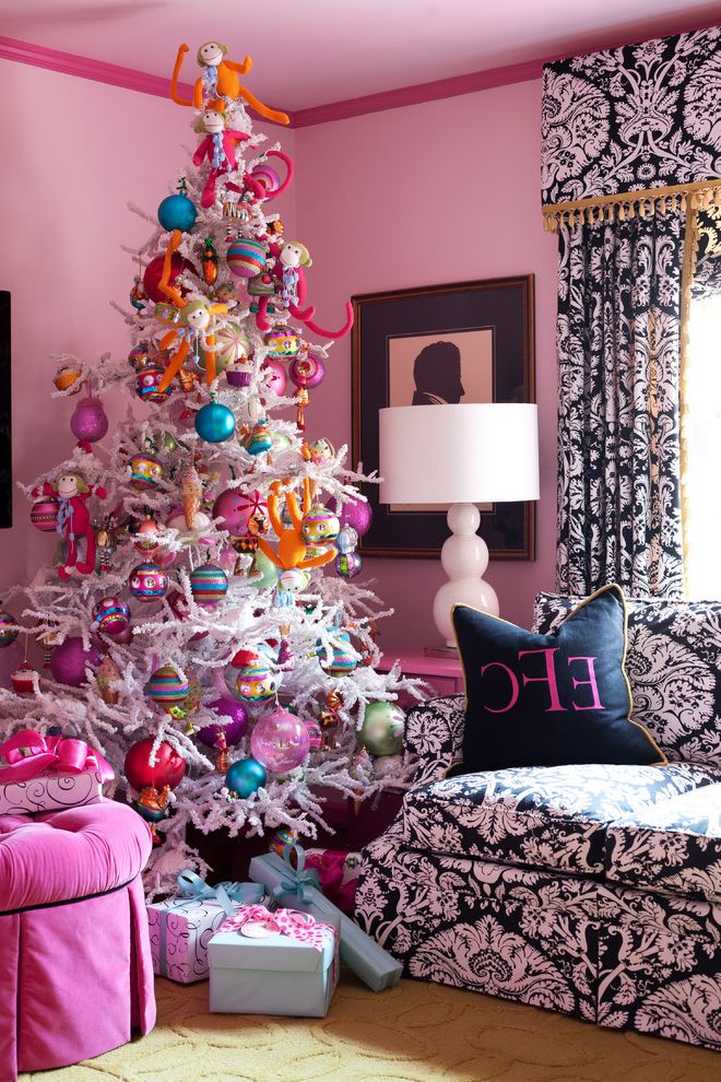 Natural Looking Christmas Trees with Eclectic Living Room Also Beige Rug Bright Colors Curtains Decorative Pillows Holiday Painted Walls Pink Pink Sofa Pink Walls Table Lamp