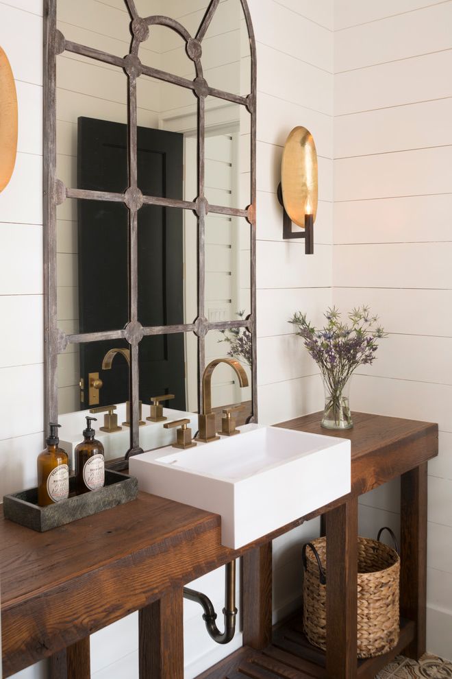 Oil Rubbed Bronze Soap Dispenser Freestanding   Transitional Powder Room  and Basket Bronze Faucet Flowers Mirror Paneled Walls Rustic Vanity Sconce Soap Lotion Dispensers Vase