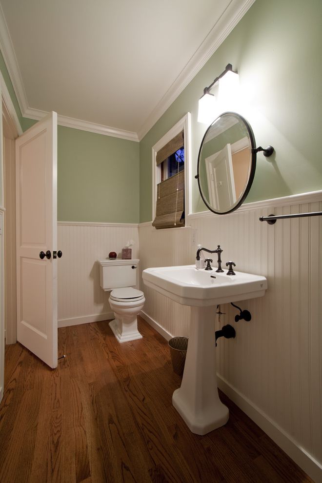 Oil Rubbed Bronze Wall Mirror with Traditional Bathroom Also Bead Board Brass Crown Molding Custom Homes Green Home Builder Kitchen Remodeler Pedastal Sink Roman Shade Round Mirror San Francisco Supple Homes Tilt Mirror Wainscot Wood Floor Woven Shade