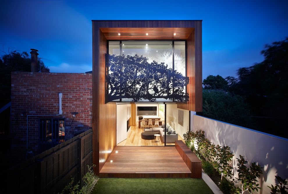 One Way Window Screen with Contemporary Exterior  and Addition Architecture Carved Metal Screen Design Extension Heritage Melbourne Metal Screen Screen Sillouette Timber Tree