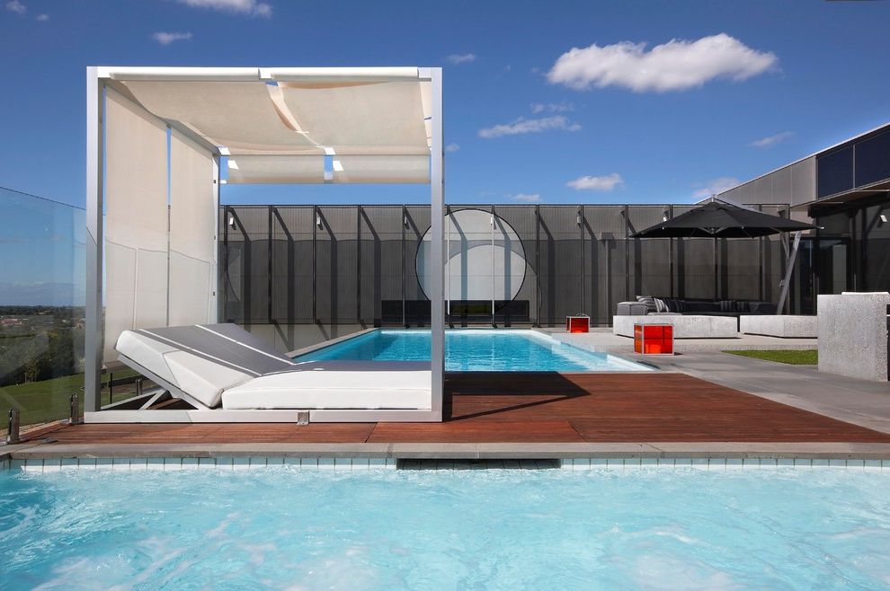 Outdoor Cabana Bed with Contemporary Pool Also Cabana Glass Panel Railing Modern Cabana Rectilinear Pool Shade White Cabana