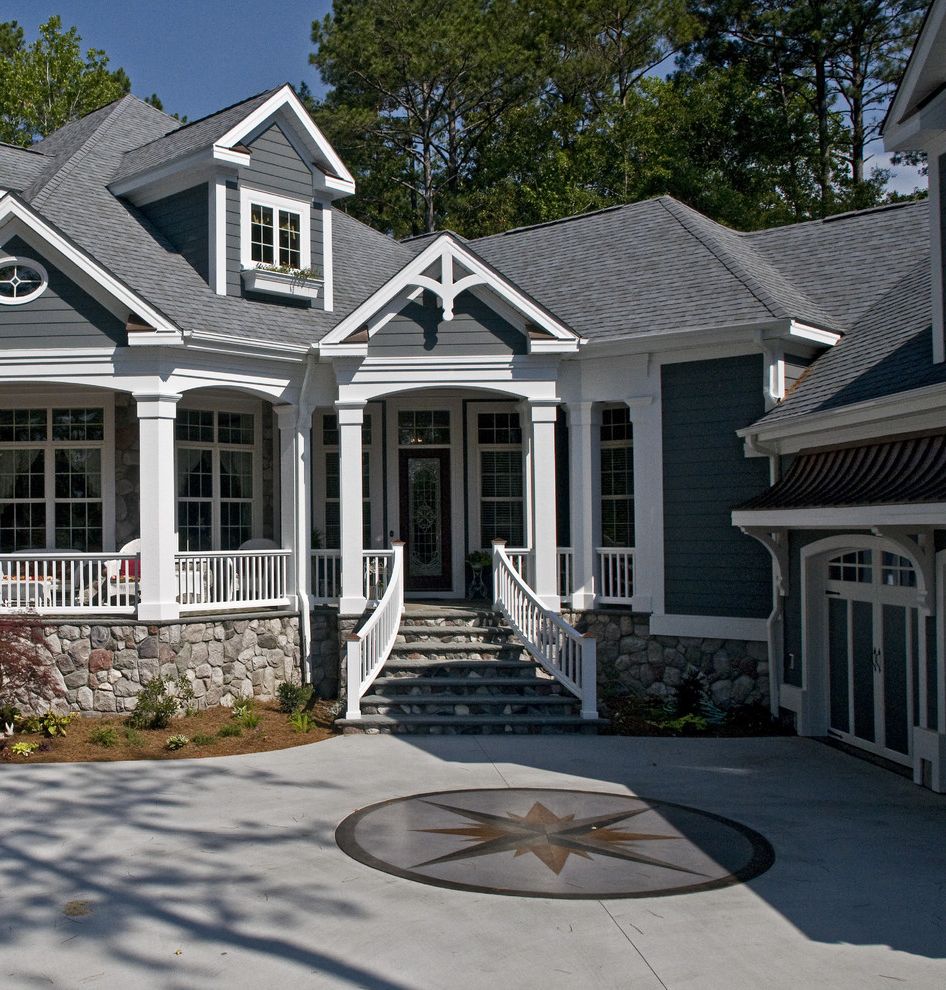 Owen Corning   Traditional Exterior  and Dormer Windows Driveway Floor Medallion Front Door Garage Door Handrail Porch Stairs Steps Stone Wall White Wood Window Boxes Wood Columns Wood Railing Wood Siding Wood Trim