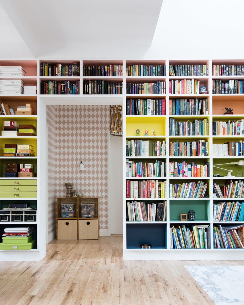 Painting Adjoining Rooms Different Colors with Midcentury Home Office  and Built in Shelves Colored Cubby Shelving Diamond Pattern Wallpaper Library Penthouse Wallpaper White Walls
