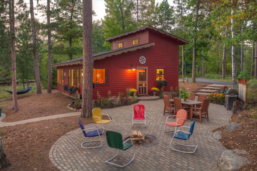 Paris Landing Cabins with Rustic Patio and Arts and Crafts Cabin Cottage Craftsman Hammock Lake Home Lodge Outdoor Dining Paver Patio Red Siding Rustic