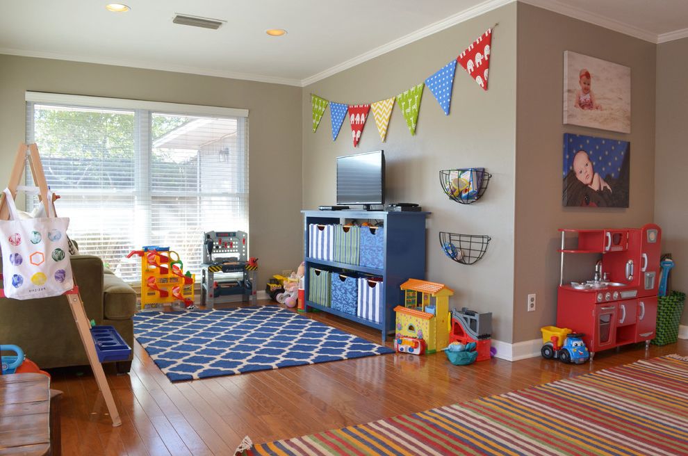 Plumbers Tyler Tx with Traditional Kids  and Blue Bookcase Bright Children Colors Geometric Rug Gray Walls Kids Kids Play Kitchen Penant Pennant Play Room Primary Color Scheme Rumpus Shelves Tan Walls