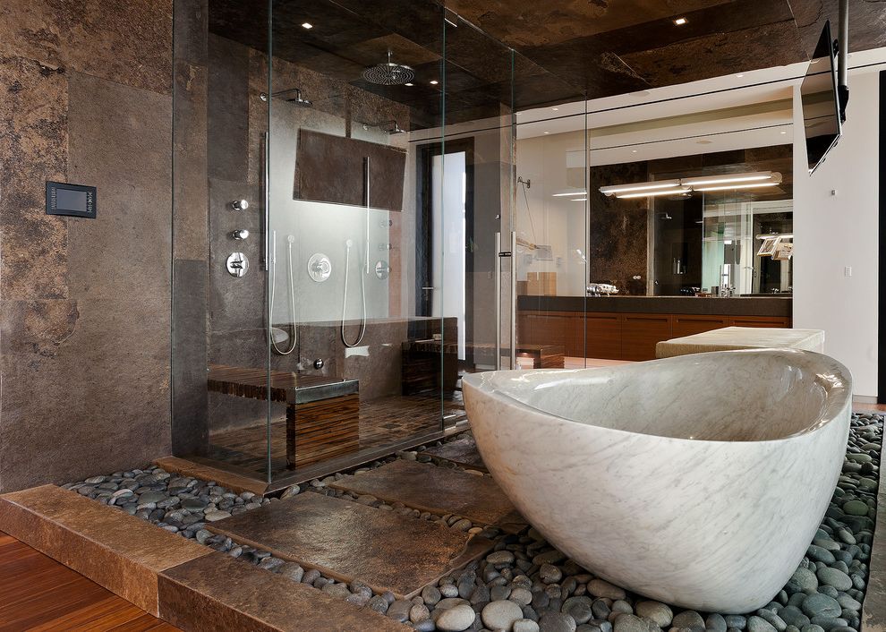 Plumbing Supply Marietta Ga with Contemporary Bathroom  and Curbless Shower Glass Shower Pebbles Rain Showerhead Soaking Tub Stones Tv