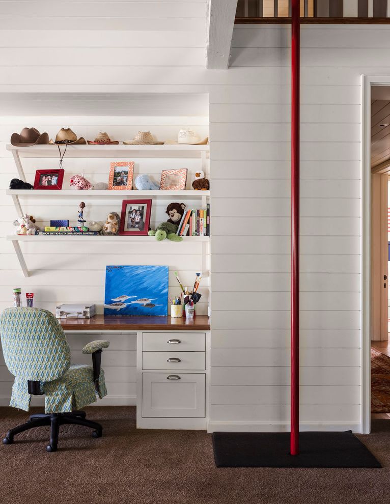 Pole Buildings Pa with Beach Style Home Office  and Cowboy Hats Cup Bin Pulls Red Pole Swivel Desk Chair Taupe Carpet White Beadboard Wall White Open Shelves Wooden Desk Top