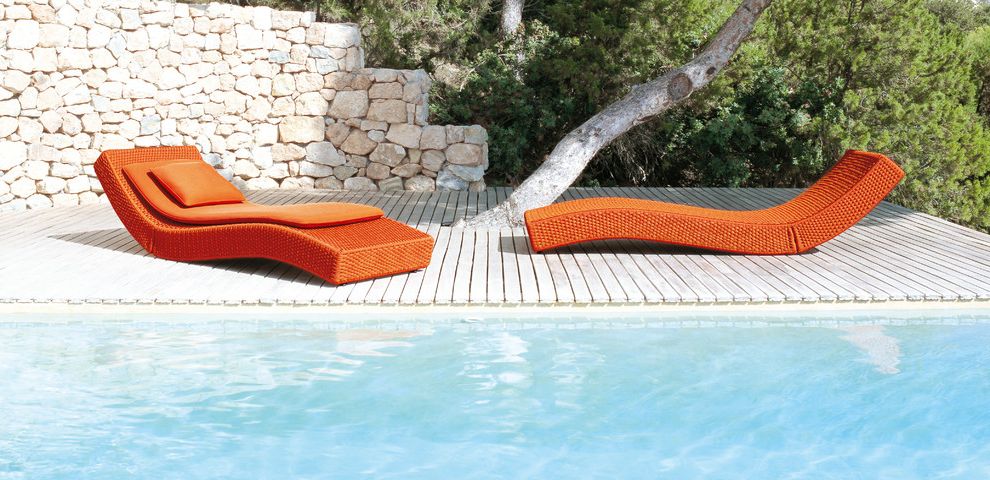 Pool Chaise Lounge Chairs Sale with Contemporary Pool Also Chaise Lounge Deck Minimal Orange Outdoor Cushions Patio Patio Furniture Pool Deck Stacked Stone Stone Retaining Wall Stone Wall Wood Flooring