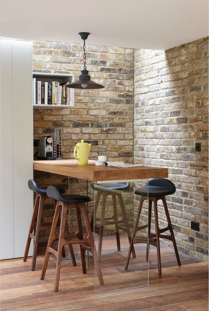 Pub Table Sets Cheap   Rustic Dining Room Also Bar Table Black Pendant Light Built in Dining Table Contemporary Stools Espresso Machine Exposed Brick Pub Table Wall Shelves Wood Stools Yellow Pitcher