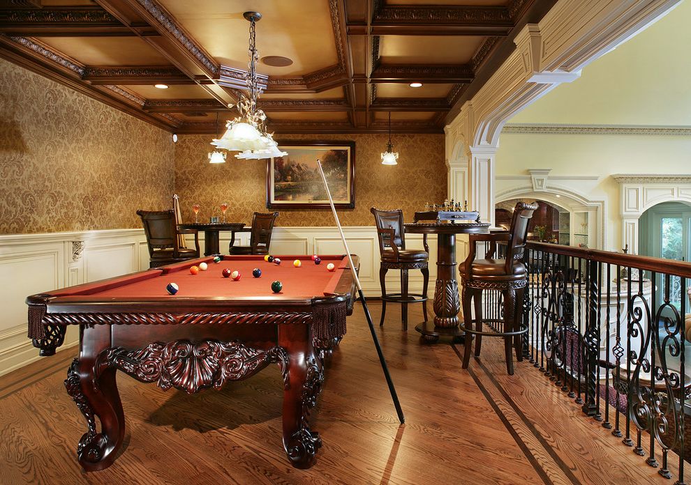 Pub Table Sets Cheap with Traditional Family Room  and Balcony Billiar Light Billiards Carved Wood Furniture Coffered Ceiling Damask Hardwood Floor High Top Table Iron Railing Leather Bar Stools Ornate Pool Table