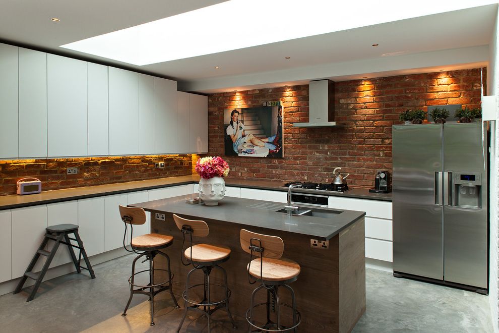 Queen City Appliances with Contemporary Kitchen Also Bar Stools Cooker Hood Exposed Brick Exposed Brick Splashback Handleless Kettle Ladder Skylight Vase