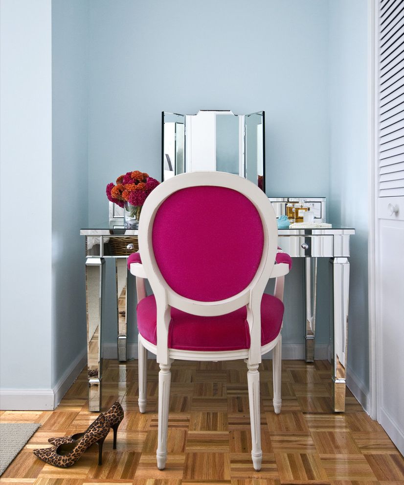Rachel's Furniture with Contemporary Bedroom  and Blue Wall Dressing Table Frameless Mirror Hollywood Regency Louis Chair Mirrored Furniture Parquet Flooring Tablescape Triptych Mirror Vanity Wood Flooring