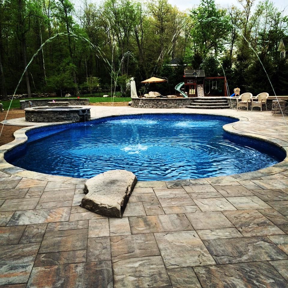 Randazzos   Traditional Pool  and Custom Built Patio Custom Play Set Custom Pool Design Custom Pool Features Large Backayrd Large Patio Open Landscape Pool Fountains Pools and Spa Pools and Spas Stone Patio Stone Surround Spa Traditional Pool Design