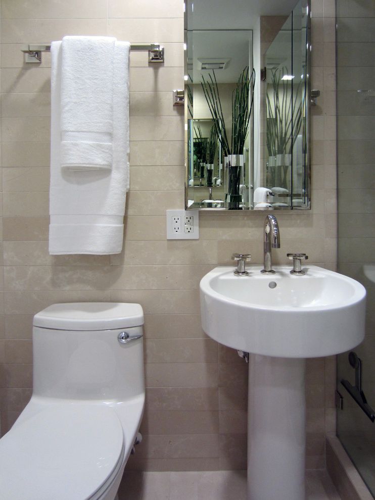 Rear Outlet Toilet   Contemporary Bathroom Also Bathroom Mirror Minimal Neutral Colors Pedestal Sink Tile Flooring Tile Wall Towel Bar Travertine Tile
