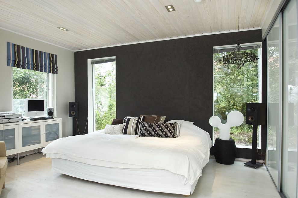 Recessed Light Speaker   Scandinavian Bedroom Also Black Accent Wall Chandelier Computer Glass Cabinets Recessed Lighting Speakers Stereo White Bed Linens White Bedding Whitewashed Floor Wood Ceiling