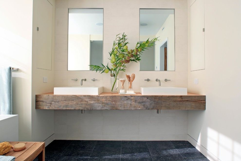 Reclaimed Wood Fort Worth   Contemporary Bathroom Also Above Counter Sink Charcoal Floor Floating Vanity Mirrors Rectangular Sink Tile Floor Vessel Sink Wall Mount Faucet White Tile Backsplash