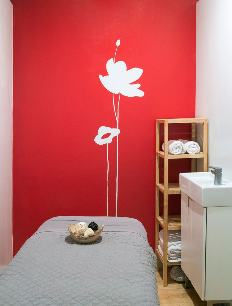 Red and White Spa   Modern Spaces Also Asian Inspired Decorative Mural Flowers Hand Painted Spa Trees