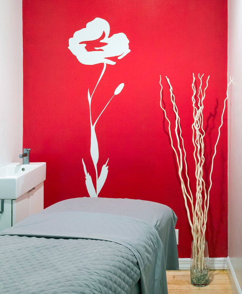 Red and White Spa   Modern Spaces Also Asian Inspired Decorative Mural Flowers Hand Painted Spa Trees