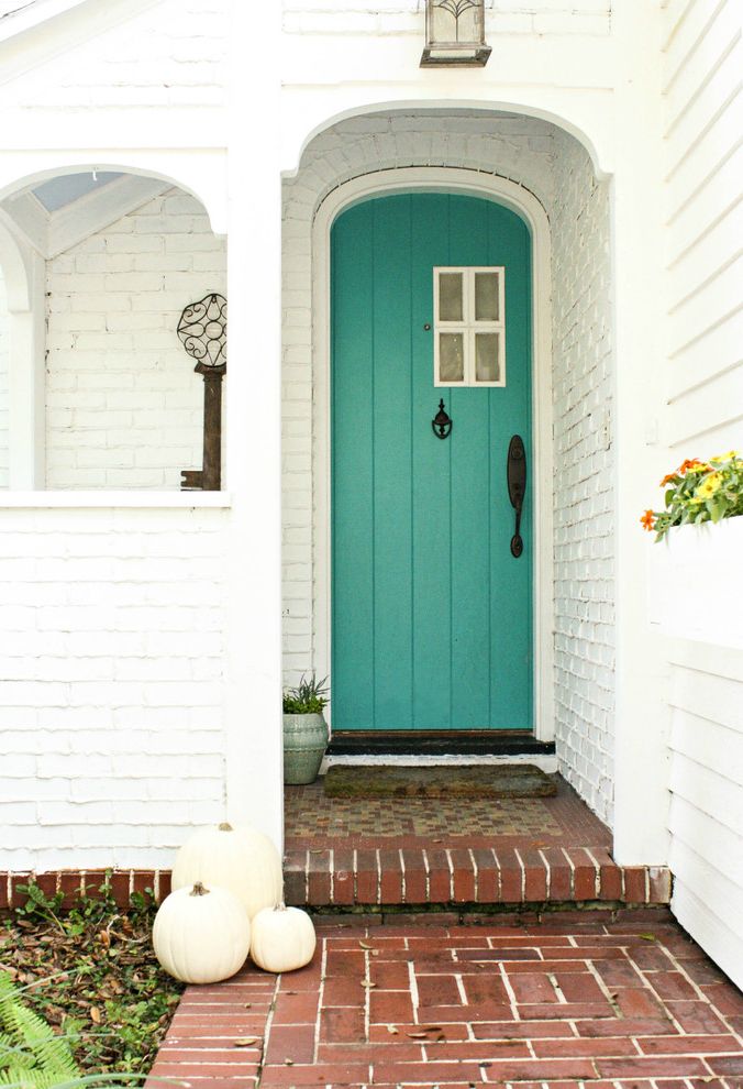 Red Orchid Spa with Shabby Chic Style Entry Also Aqua Arched Doorway Beach Cottage Blue Door Brick Path Covered Entry Flower Box House Numbers Key Artwork Lantern Lap Siding Large Key My Houzz Painted Brick Porch White Pumpkins