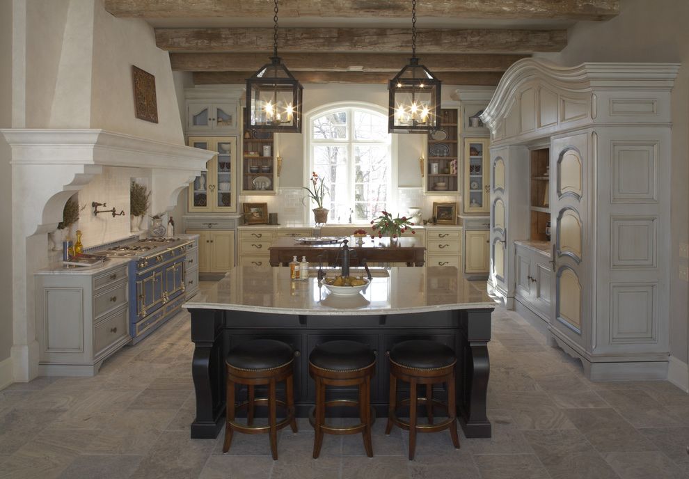 Regent Homes Charlotte Nc   Rustic Kitchen Also Breakfast Bar Eat in Kitchen Exposed Beams French Country Island Lighting Kitchen Hardware Kitchen Island Kitchen Shelves Lanterns Pavers Pendant Lighting Range Hood Rustic Stone Flooring Two Tone Cabinets