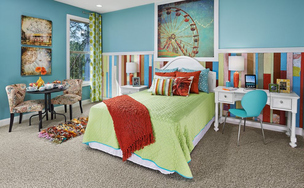 Regent Homes Charlotte Nc with Traditional Kids  and Area Rug Bedding Bedroom Blue Wall Carpet Chair Chairs Colorful Cool Colors Desk Nightstand Pillows Table Table Lamp Teen Room Throw Wall Art Wall Treatment White Headboard Window
