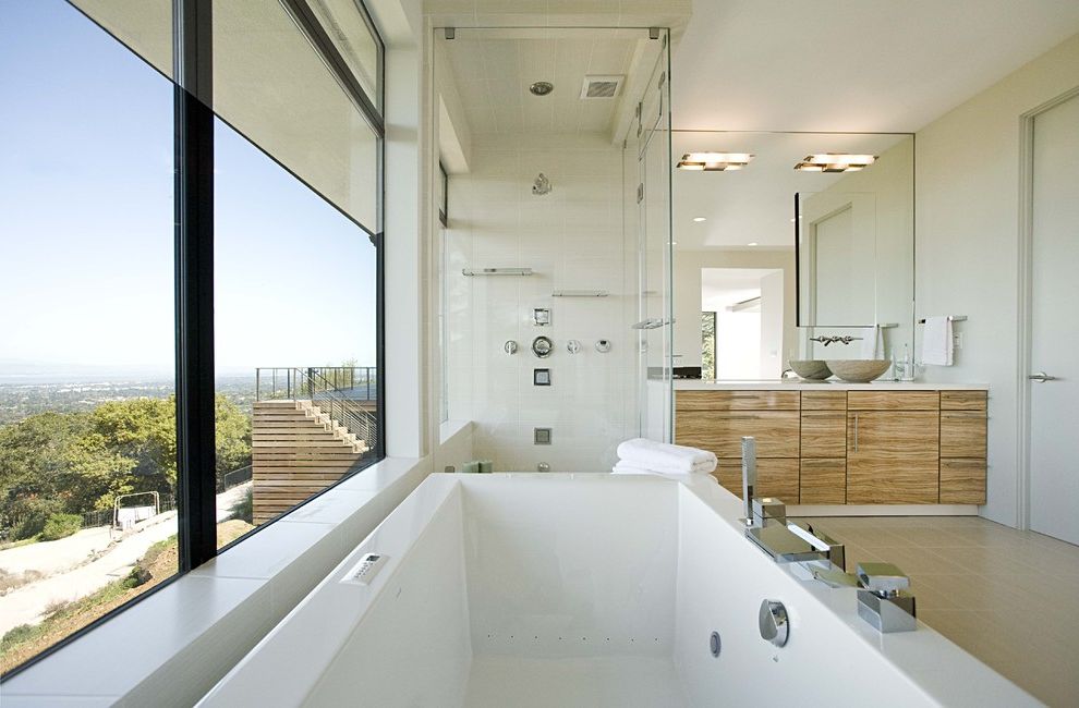Reglaze Tub Cost   Contemporary Bathroom  and Bathtub Glass Shower Light Fixtures Shade Soaker Tub Steam Shower Tile Floors Vessel Sink View White Wood Vanity