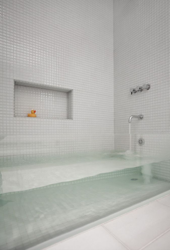 Reglaze Tub Cost with Contemporary Bathroom  and Clear Bathtub Glass Bathtub Mosaic Tile Tile Floors White Tile