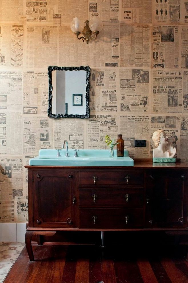Removing Linoleum   Eclectic Bathroom Also Antique Blue Basin Framed Mirror Newspaper Wallpaper Wall Sconce