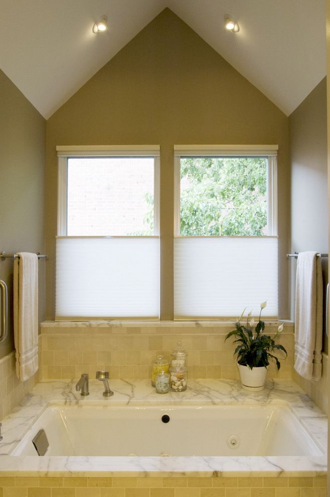 Roll Down Window Shades   Contemporary Bathroom  and Ceiling Lighting House Plants Marble Neutral Colors Sloped Ceiling Soaking Tub Subway Tiles Towel Racks Tub Surround Vaulted Ceiling Window Treatments
