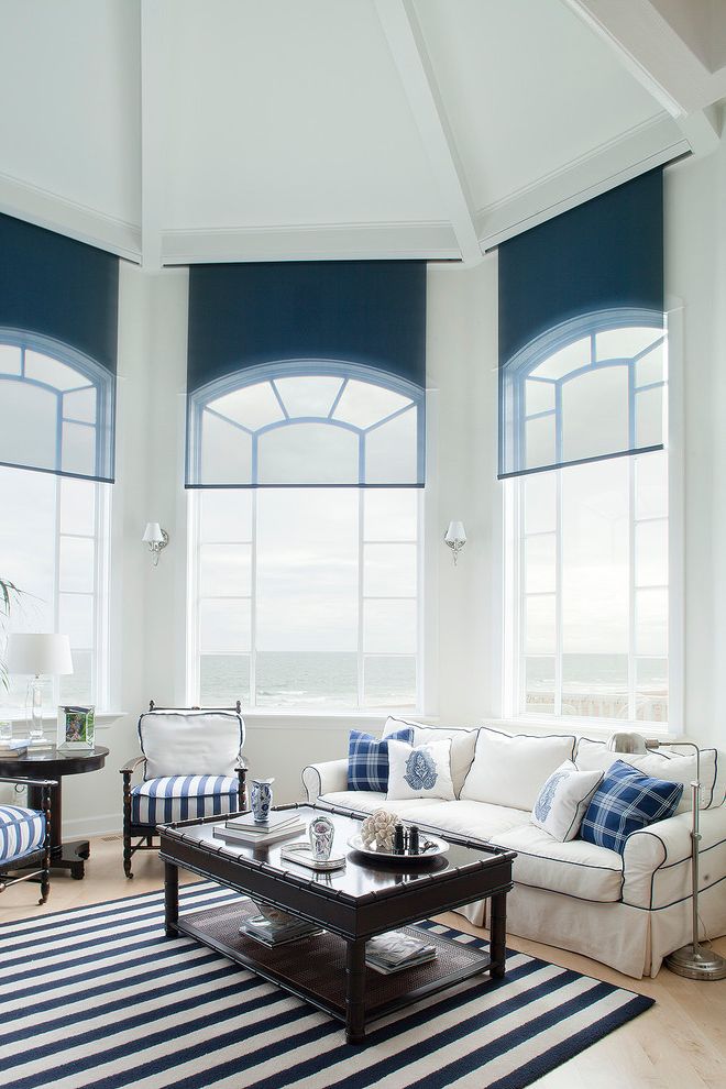 Roll Down Window Shades with Contemporary Family Room Also Arched Windows Area Rug Blue Dark Stained Wood Floor Lamp Muntins Natural Wood Floor Nautical Navy Ocean Octagon Piping Plaid Sheer Navy Roller Blind Stripes Water View White Upholstery
