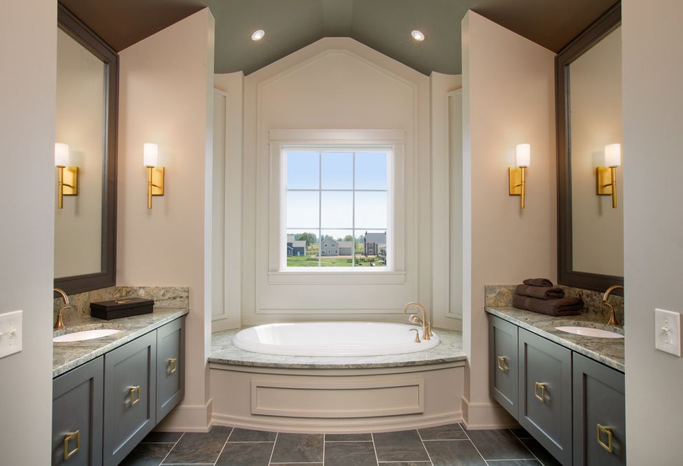 Romanelli and Hughes with Transitional Bathroom  and Floating Cabinets Garden Tub Gold Gray Master Bath Mirrors Recessed Lighting Spa Tile Floor Vanity Vaulted Ceiling Wall Sconce White Painted Wood White Walls Window