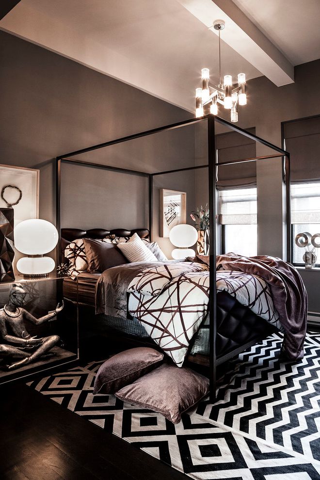 Romantic Comforters   Contemporary Bedroom  and Art Bedding Canopy Bed Chandelier Dark Colors Dark Floor Dark Wall Table Lamps Window Shades Windows