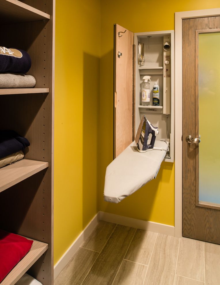 Room and Board Outlet   Contemporary Laundry Room  and Adjustable Shelves Built in Ironing Board Decor Talora Cabinetry Door Hardware Fold Out Ironing Board in Wall Cabinetry Iron Ironing Board Wood Tile Floor Yellow Walls