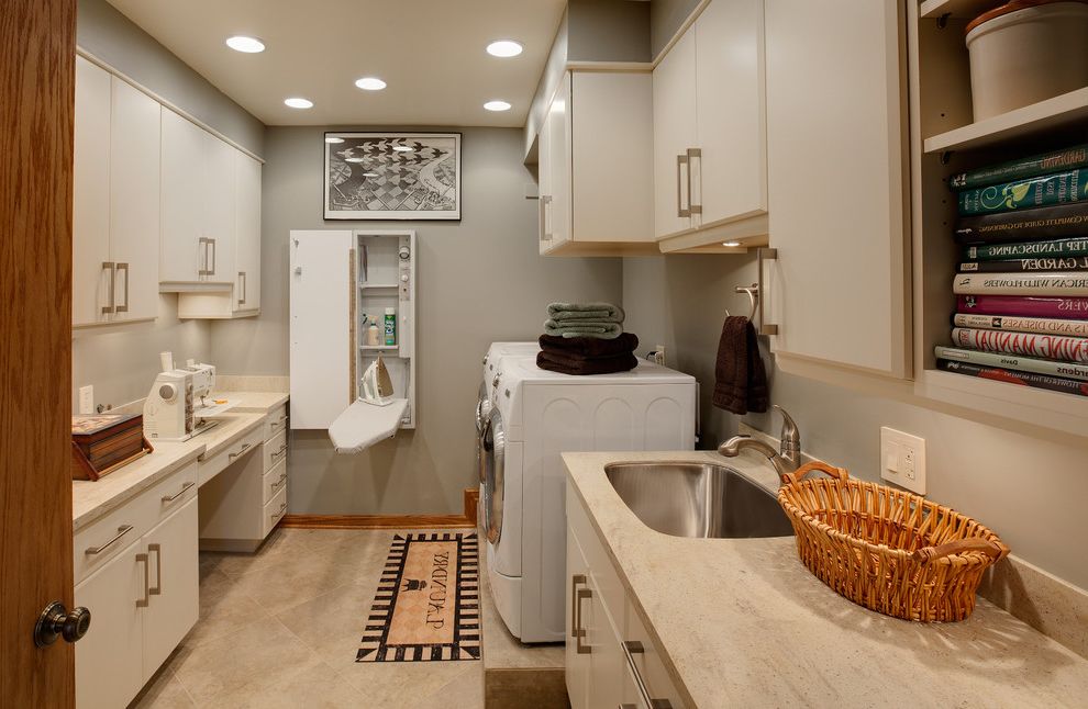 Room and Board Outlet with Contemporary Laundry Room  and Baseboards Built in Ironing Board Ceiling Lighting Foldout Ironing Board Gray Walls Laundry Room Recessed Lighting Sewing Area Storage Undercabinet Lighting Utility Room White Cabinets