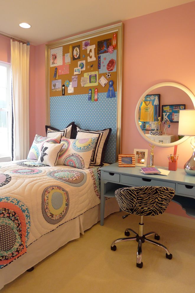 Room and Board Sale   Contemporary Kids Also Bed Pillows Bedroom Bulletin Board Bulletin Board Headboard Colorful Quilt Girls Room Inspiration Board Memo Board Pink Walls Round Mirror Twin Bed Wooden Desk Zebra Print