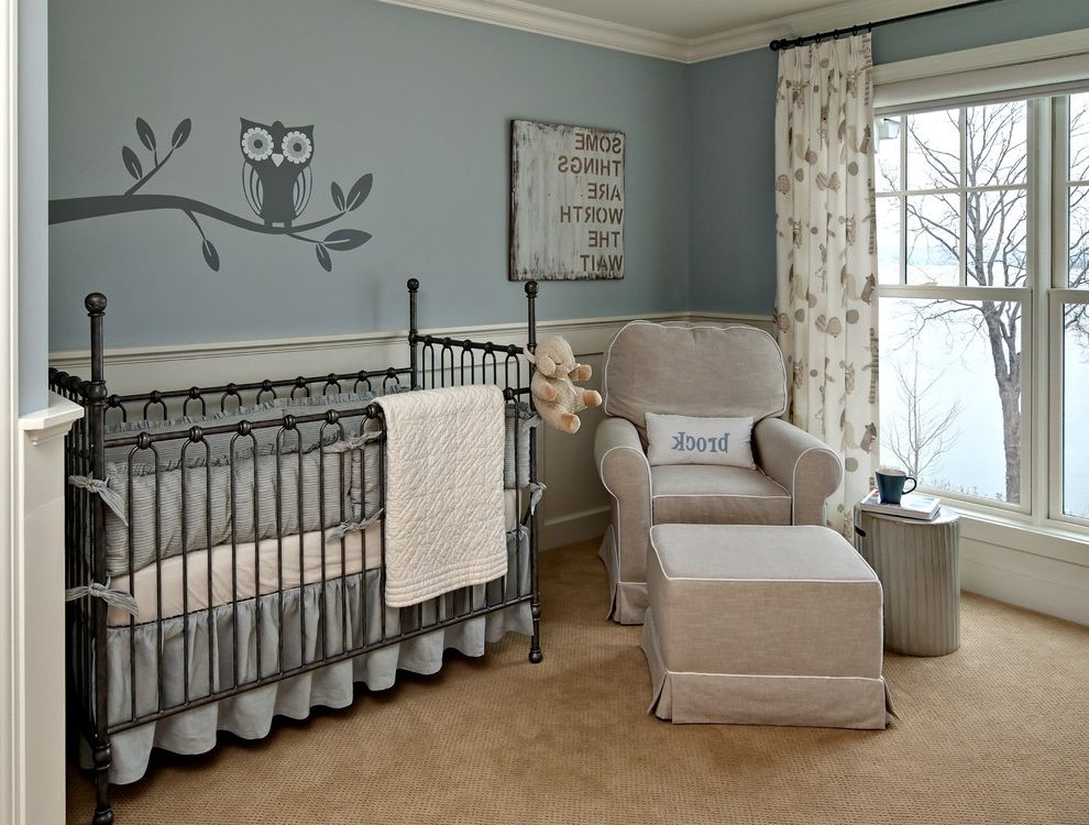 Rooms to Go Cribs with Traditional Nursery and Blue Curtains Double Hung Windows Drapes Enamelled Wainscotting Ideas for Baby Boy Nursery Monogram Nursery Owl Decal Sophisticated Nursery Wainscoting White Wood Window Treatments Wood Molding