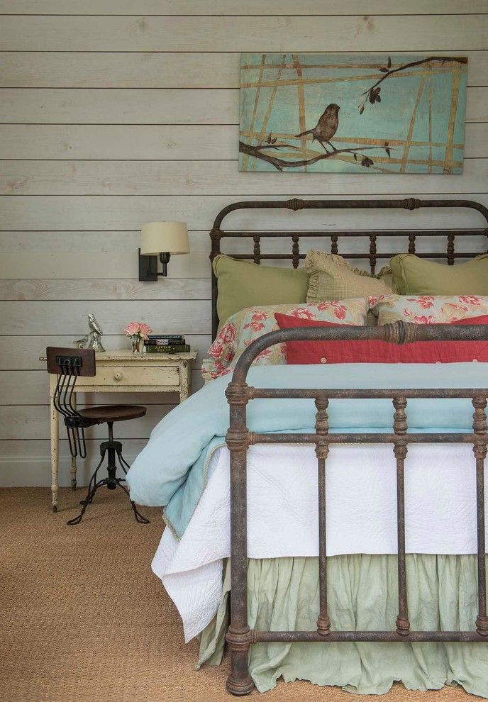 Rustic Metal Bed Frames with Farmhouse Bedroom Also Blue Bedding Distressed Nightstand Green Bed Skirt Metal Bed Frame Metal Desk Chair Wall Art Wall Sconce Wood Wall