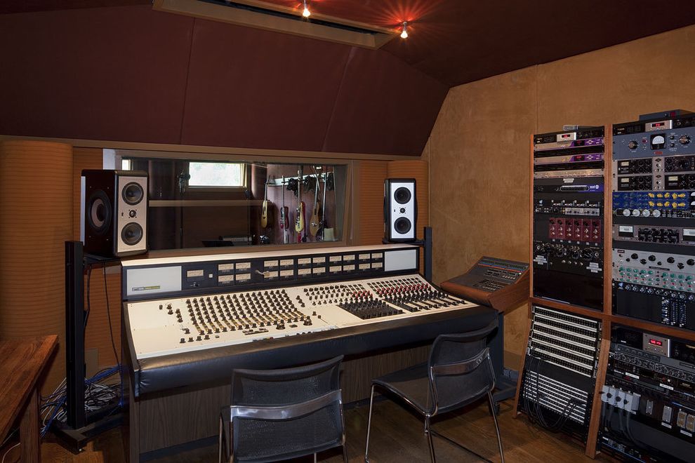 Sacramento Recording Studio   Eclectic Home Theater  and Recording Studio Red Upholstered Walls
