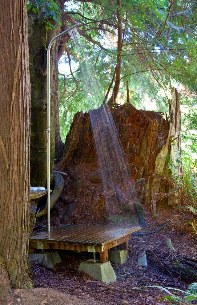 San Juan Cabins   Rustic Deck Also Large Trees Outdoor Shower Rustic Landscape Secluded Shower Deck