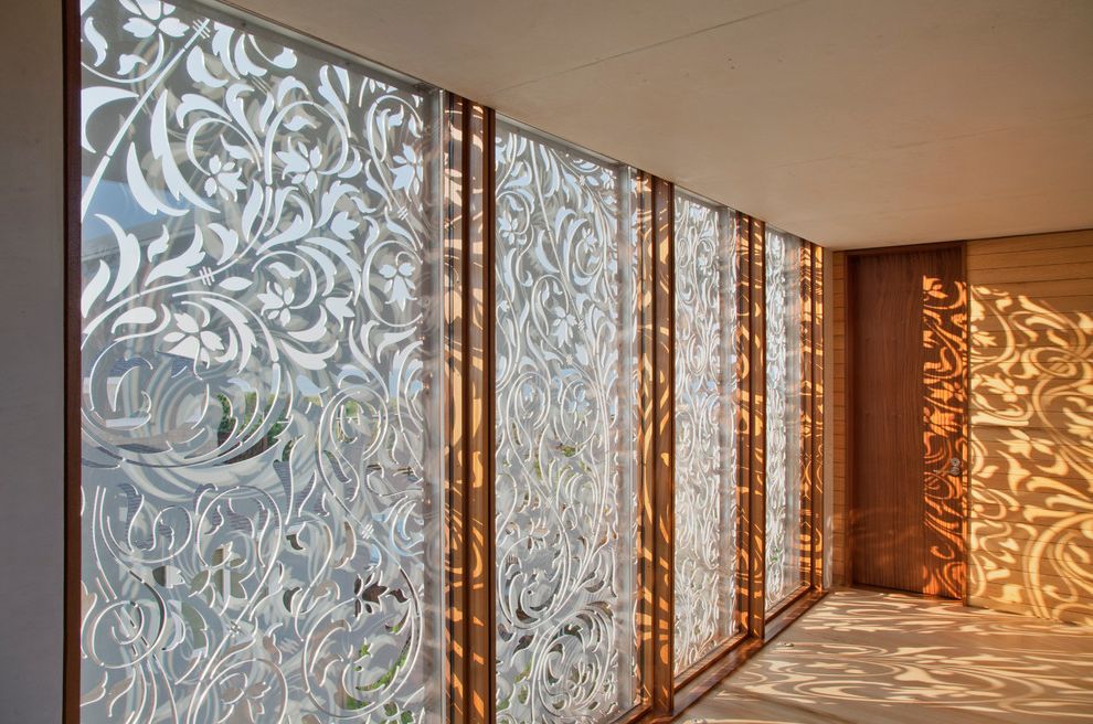 San Pablo Plumbing   Beach Style Hall Also Fretwork Light Metal Screens Modern Hall Ornamental Reflection Shadows Wood Windows