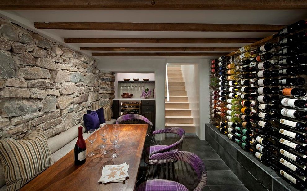 Santa Fe Furniture Stores with Southwestern Wine Cellar  and Clean Horizontal Wine Rack Modern Plaid Chair Platner Chair Purple Plaid Stone Stone Wall Tasting Room Wet Bar Wine Wine Room Wood Dining Table