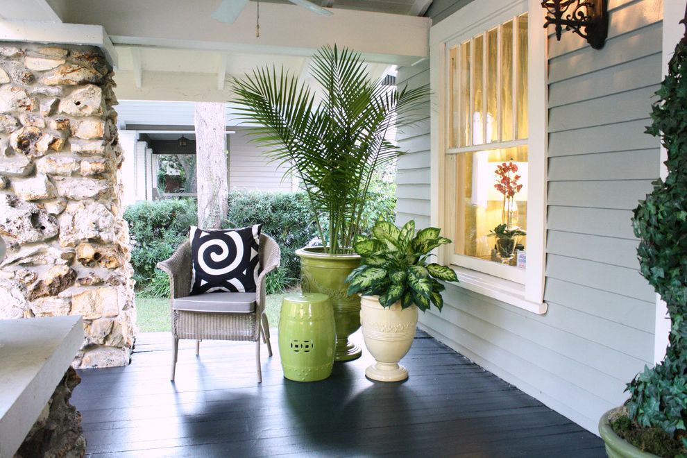 Seattle Plant Nursery with Transitional Porch  and Front Porch Light Green Siding Lime Garden Stool My Houzz Painted Floor Patio Furniture Porch Seating Potted Plants Wicker Chair