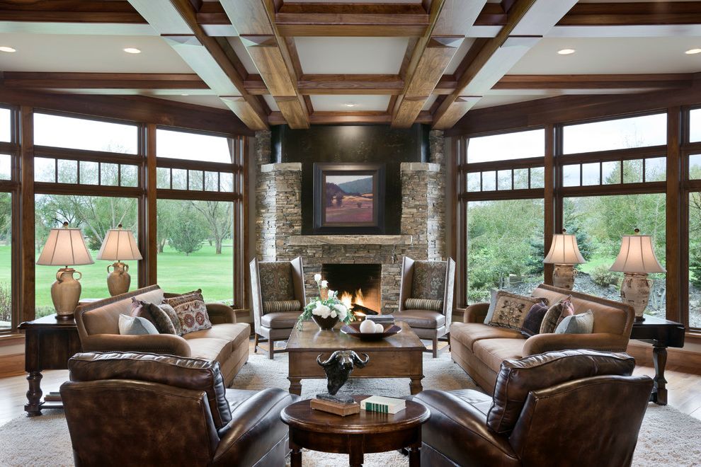 Serta Recliners with Rustic Living Room Also Clerestory Windows Coffered Ceiling Dark Wood Beams Mountain Home Recessed Lighting Sunroom Timber Wall Art Wingback Chairs