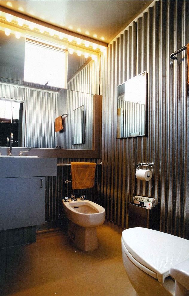Sheet Metal Homes   Industrial Bathroom  and Bidet Corrugated Metal Galvanized Guest Bath Half Bath Industrial Metal Mirror Wall Powder Room Vanity Lights